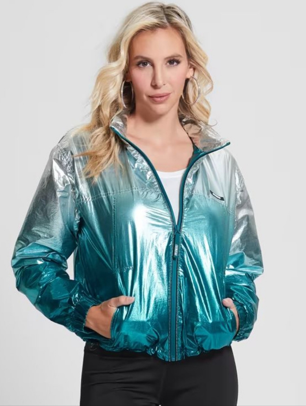 NWT Guess Silver/Blue Oceania Ombre Metallic Cheryl Zip-Out Hooded Windbreaker M